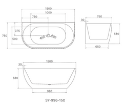 1500mm Lamont Matte White Back to Wall Groove Bath Tub