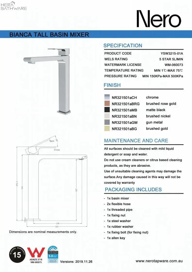 BIANCA Tall Basin Mixer