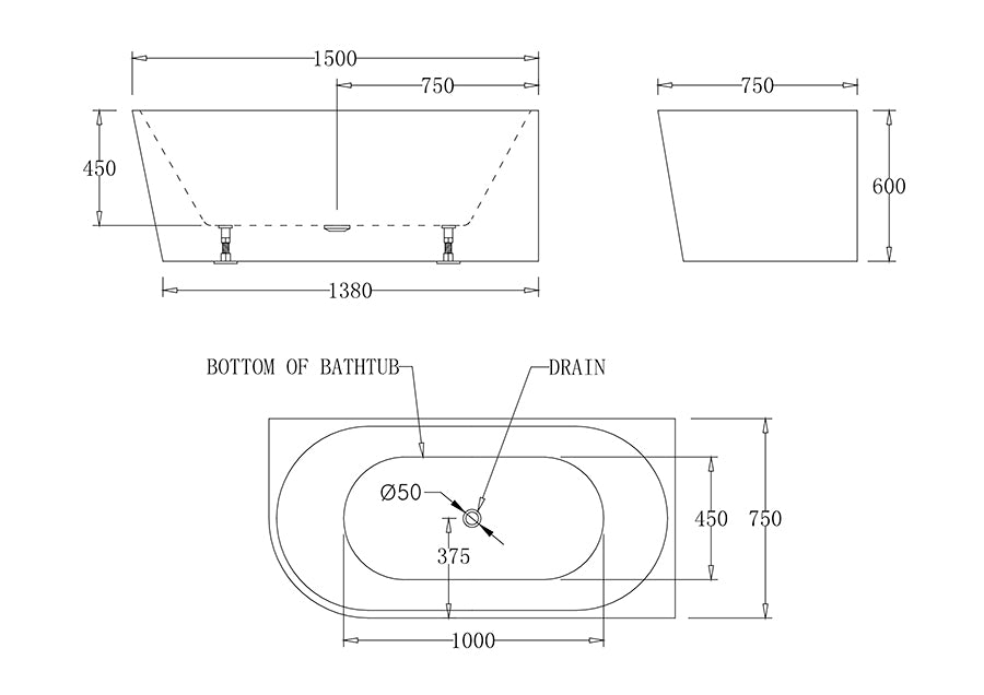 Milan Back to Wall Bath Tub 1700*780*600mm