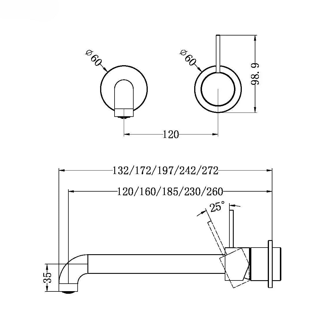 Mecca Wall Basin/Bath Mixer with Seperate Plate Handle up Trim Kits Only
