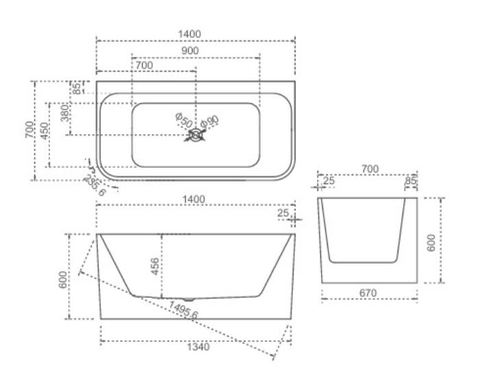 Helix Back to Wall Bath Tub 1400*700*600mm