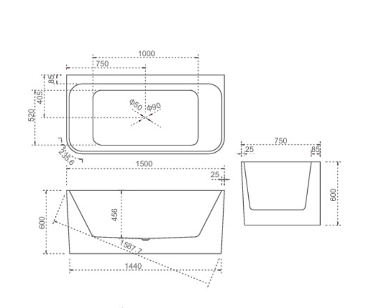 Helix Back to Wall Bath Tub 1500*700*600mm