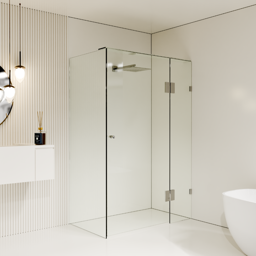 Gem Series (C) Front (745mm – 1520mm) Return (600mm-1200mm) Frameless Hinge Door Shower Screen