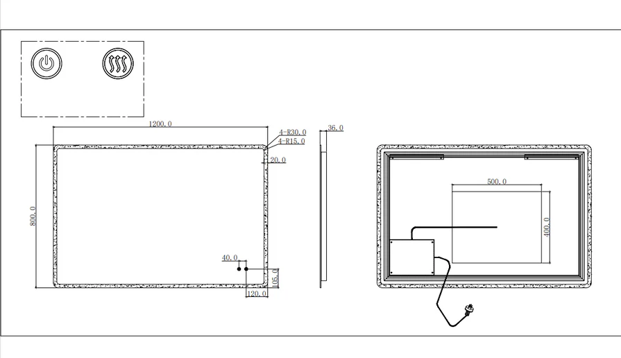 1200x800mm Rectangular Frosted Edge Led Mirror
