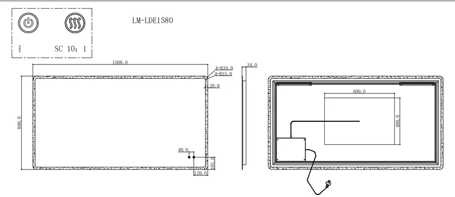 1500x800mm Rectangular Frosted Edge Led Mirror