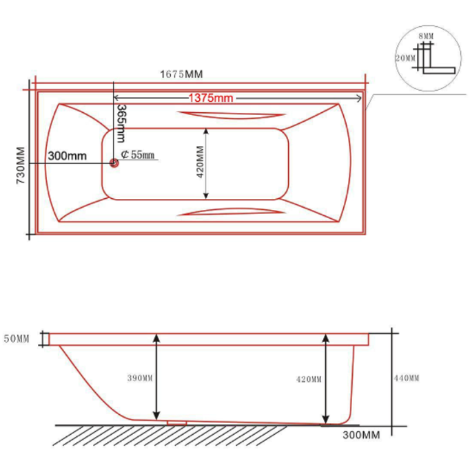 Drop in Bath Tub 1675*730*440mm