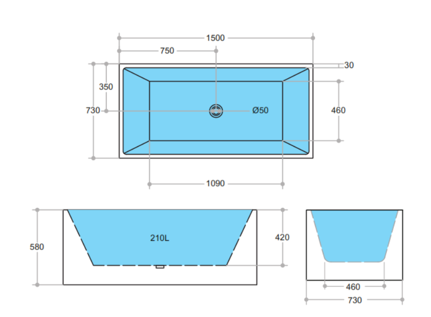 KBT-9 Rectangular Free Standing Bath Tub 1500*800*600mm