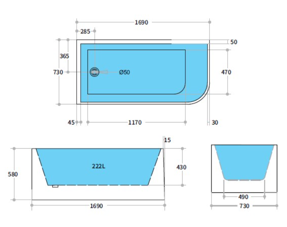 KBT-6 Corner Free Standing Bath Tub 1700*730*580mm
