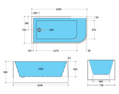 KBT-6 Corner Free Standing Bath Tub 1700*730*580mm