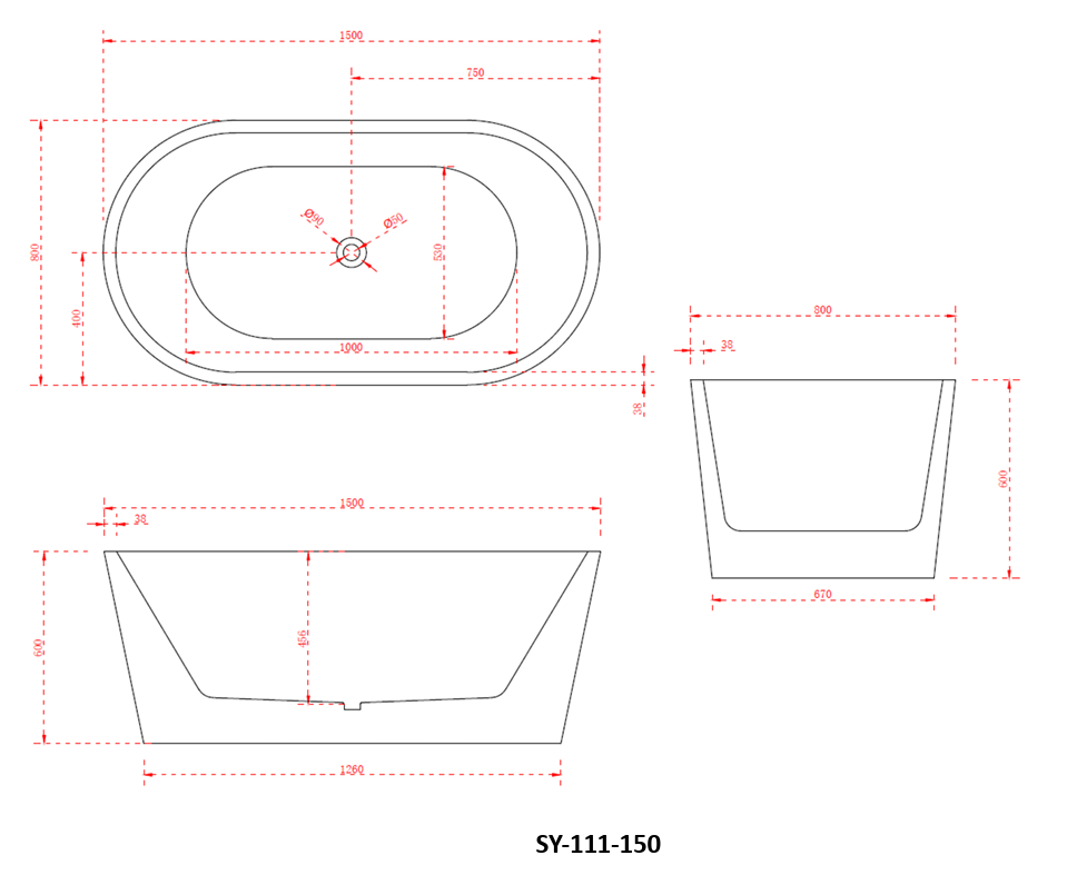 1500mm Charming Free Standing Oval Bath Tub