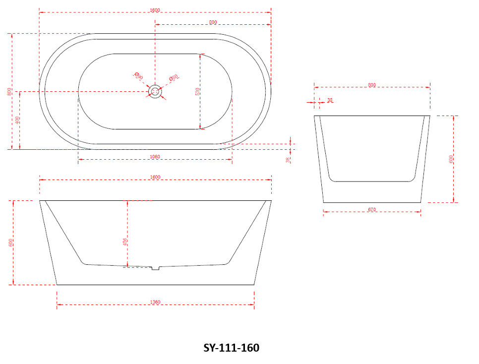 1600mm Charming Free Standing Oval Bath Tub