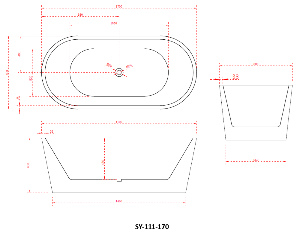 1700mm Charming Free Standing Oval Bath Tub