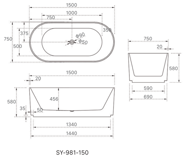 1500mm Trina Free Standing Oval Groove Bath Tub