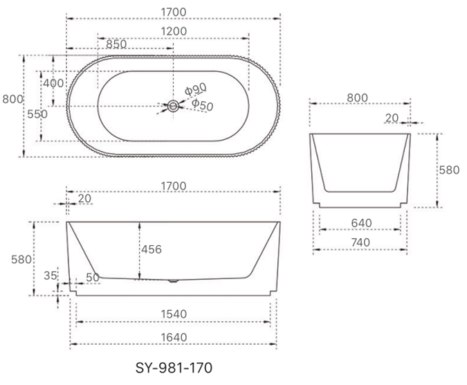 1700mm Trina Free Standing Oval Groove Bath Tub
