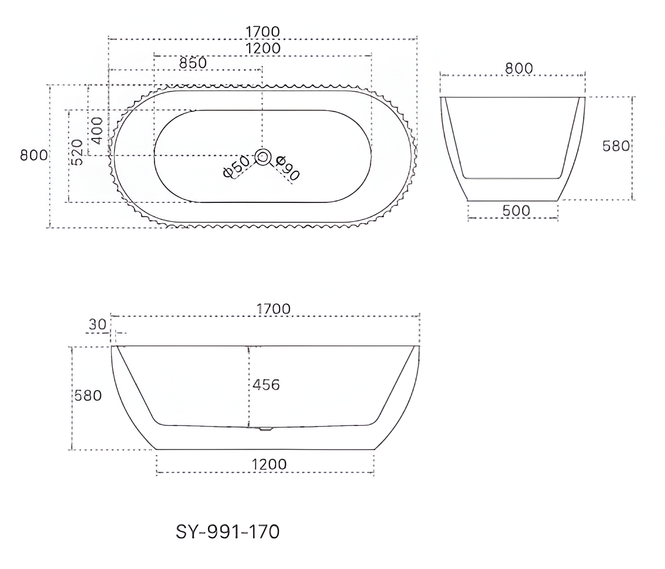 1700mm Henley Matte White Free Standing Oval Groove Bath Tub