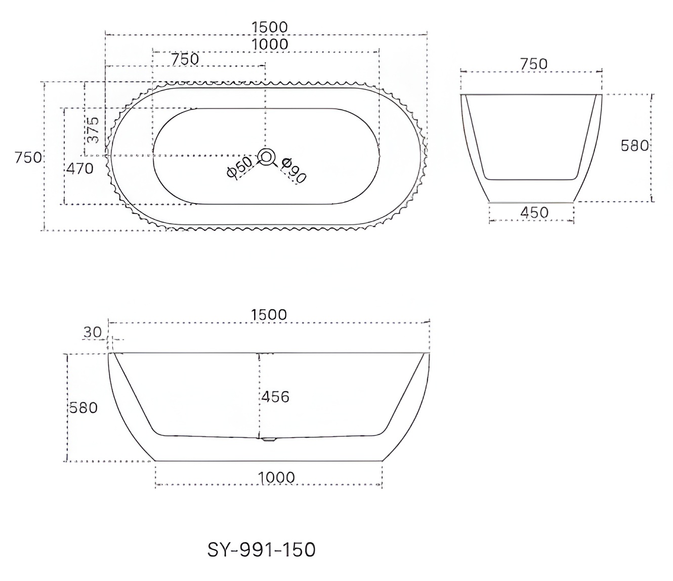 1500mm Henley Matte White Free Standing Oval Groove Bath Tub