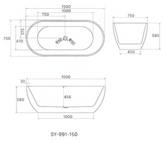 1500mm Henley Matte White Free Standing Oval Groove Bath Tub