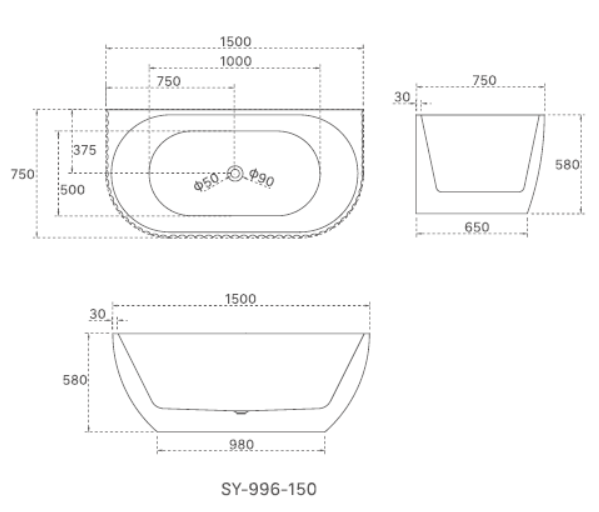 1500mm Lamont Matte White Back to Wall Groove Bath Tub
