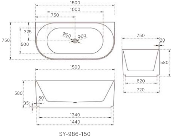 1500mm Kira Back to Wall Groove Bath Tub