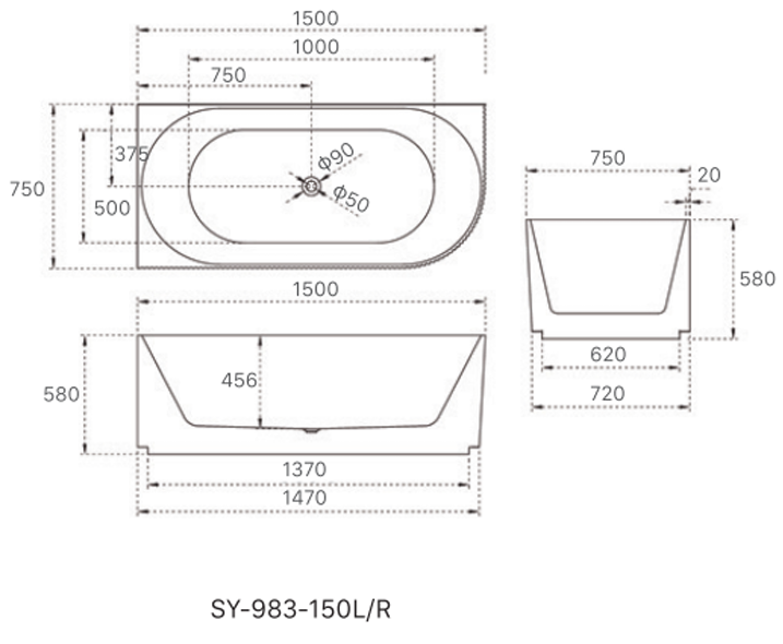 1500mm Anika Free Standing Groove Corner Bath Tub
