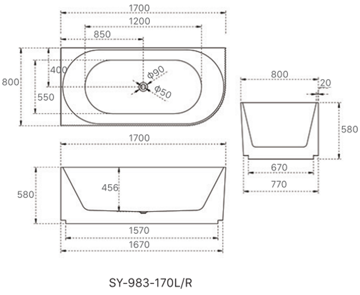 1700mm Anika Free Standing Groove Corner Bath Tub