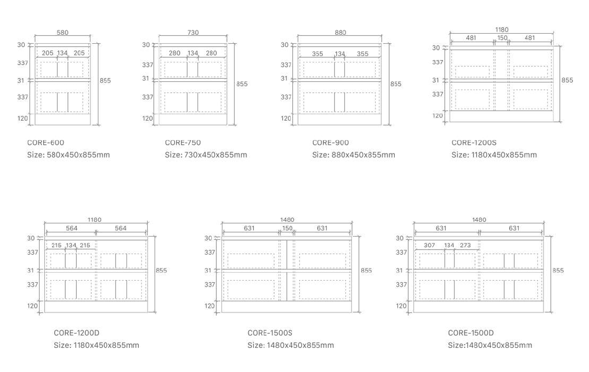Core Floor Standing 4 Drawer Vanity 1500mm Double Bowl Top