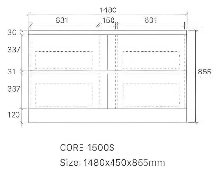 Core Floor Standing 4 Drawer Vanity 1500mm Double Bowl Top