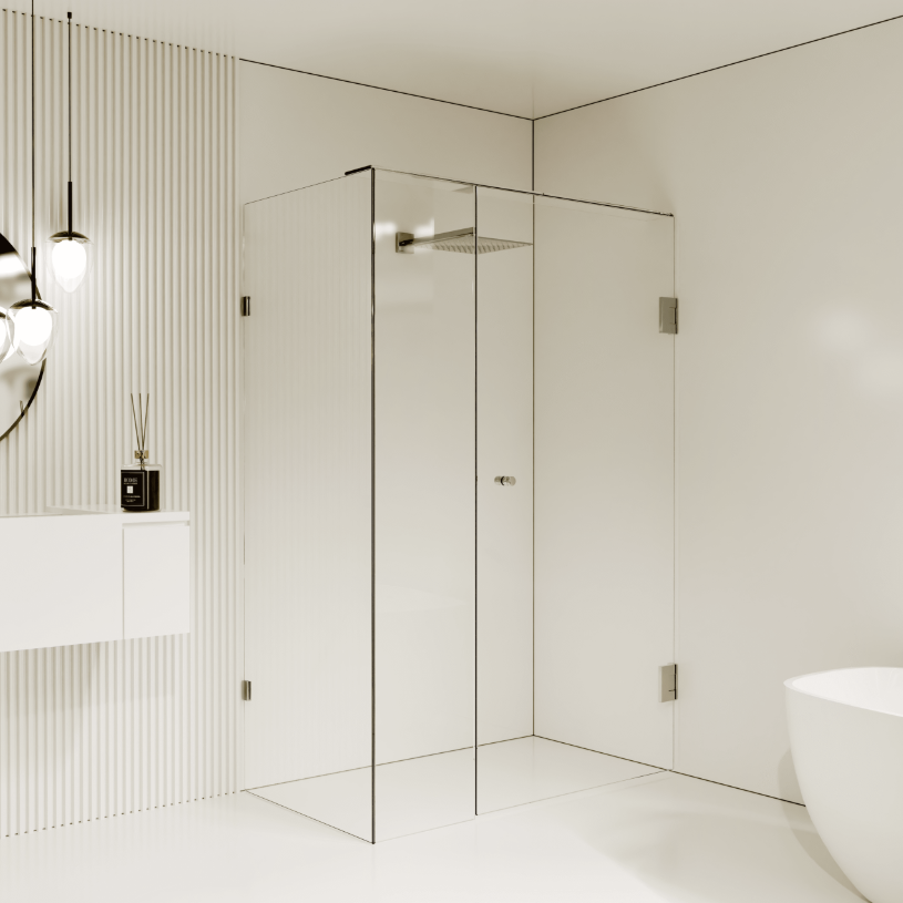 Gem Series (A) Front (790mm – 1850mm) Return (600mm-1200mm) Frameless Hinge Door Shower Screen