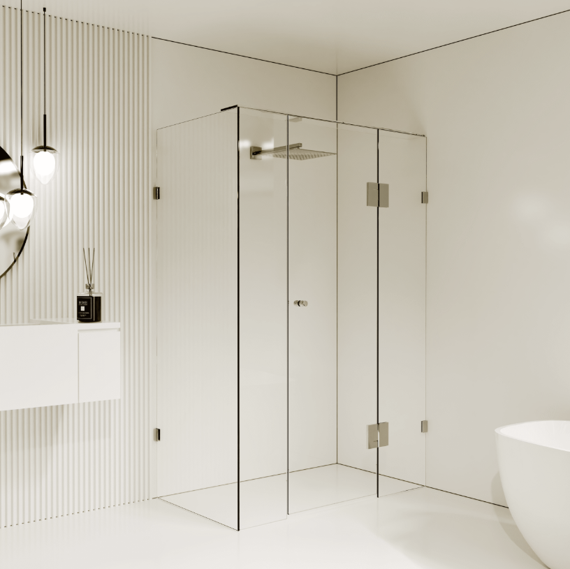 Gem Series (B) Front (915mm – 2380mm) Return (600-1200mm) Frameless 3 Piece Hinge Door Shower Screen